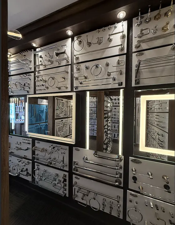 Mirrored decorative hardware displays inside the Don’s showroom