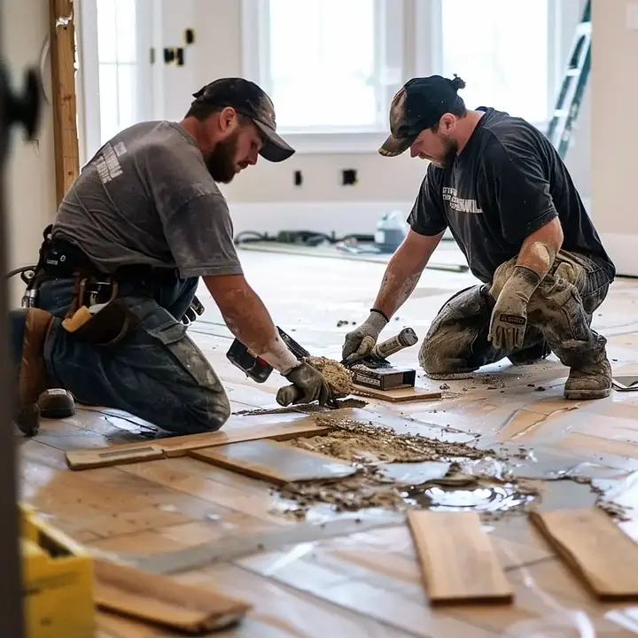 Two workers in caps and gloves installing wooden flooring, using tools and adhesive.