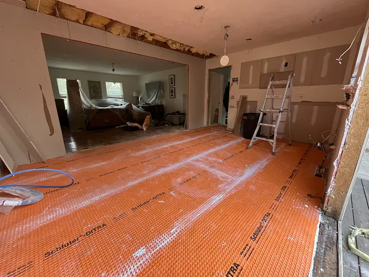 LVL beam cover with drywall and waterproofing kitchen floor for before installing tile 