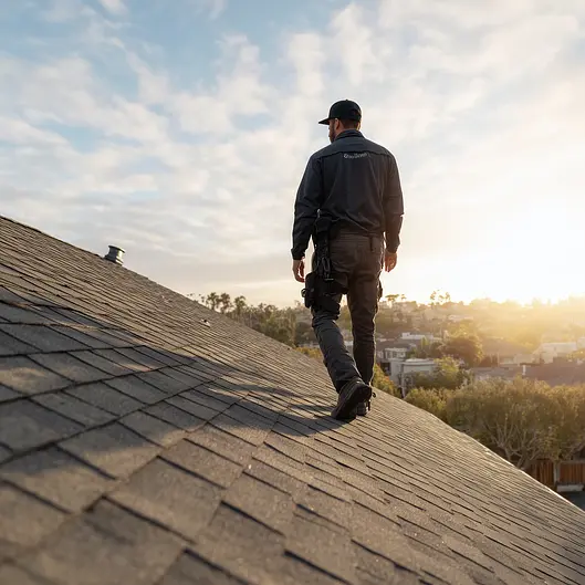 Person walking on a roof at sunrise, wearing work gear, with a cityscape and trees in the background.