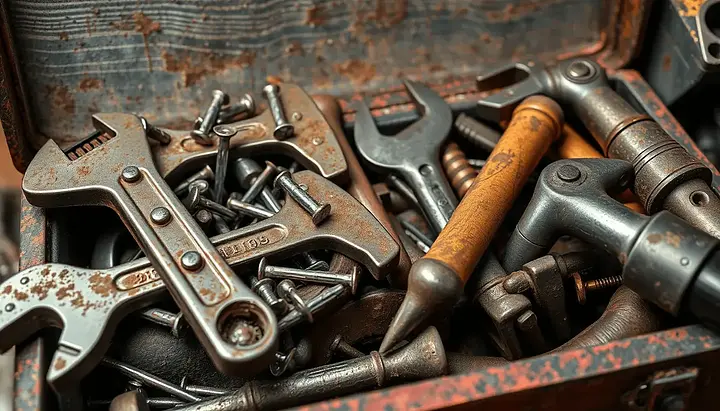 A rusty toolbox filled with assorted tools and nails, including wrenches and a wooden-handled tool.