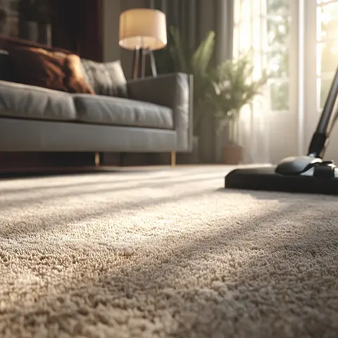 Cozy living room with a soft carpet, sofa, and a vacuum cleaner. Sunlight streams through large windows.