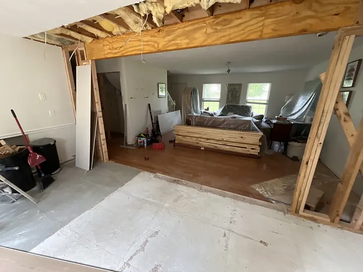 Room under renovation installing LVL beam opening up wall 