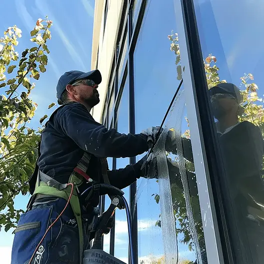 Worker cleaning large glass window on building exterior, wearing safety gear. Trees and blue sky reflected in glass.