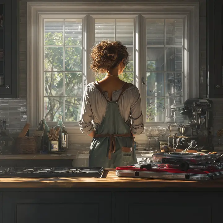 Person in an apron stands at a sunny kitchen window, surrounded by cooking utensils and appliances.