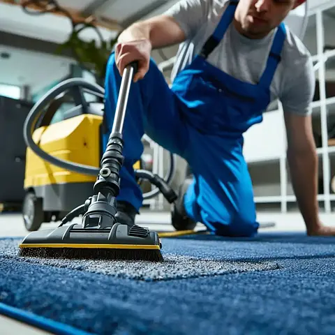 Person in blue overalls cleaning blue carpet with a vacuum cleaner in a room.