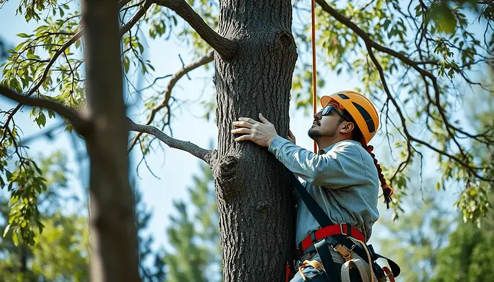 Person in safety gear climbing a tree, surrounded by green leaves, wearing an orange helmet and harness.