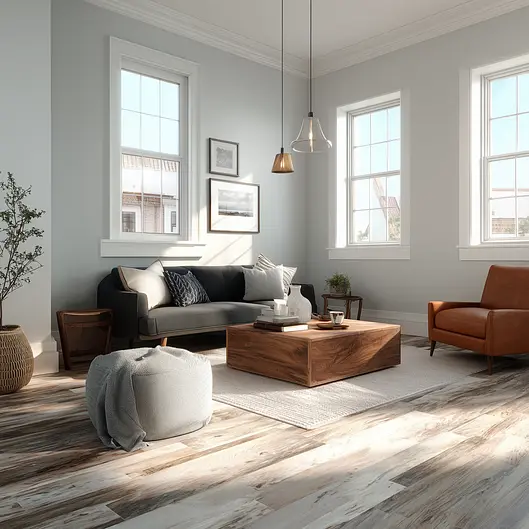 Bright living room with a gray sofa, brown armchair, wooden table, pouf, and large windows. Light wood flooring.