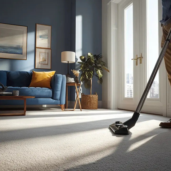 Person vacuuming a sunlit living room with blue sofa, yellow pillow, plants, and framed art on the walls.