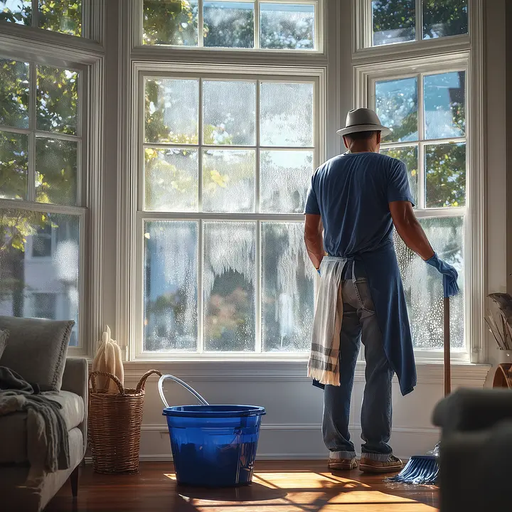 Person cleaning large sunlit windows with a squeegee, standing beside a blue bucket and basket in a living room.