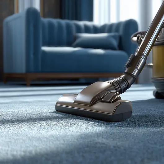 Vacuum cleaner on a blue carpet with a blurred blue sofa in the background.