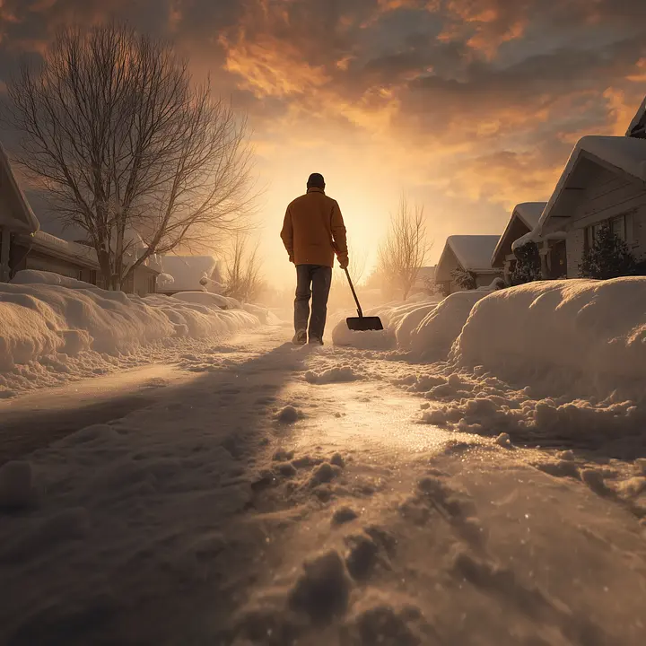 Person shoveling snow on a sunlit path at dawn, with snow-covered houses and trees lining the street.