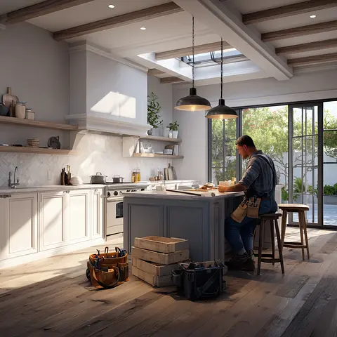 A person working at a kitchen island in a bright, modern kitchen with tools and crates on the floor.