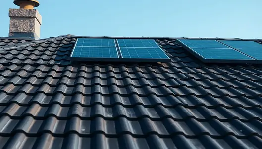 Roof with dark tiles and three solar panels under a clear blue sky.