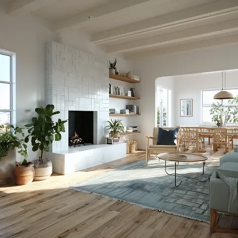 Modern living room with a fireplace, plants, shelves, and a dining area. Natural light streams through large windows.