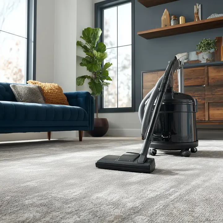Vacuum on carpet in a modern living room with blue sofa, pillows, plant, and large windows.