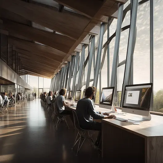 People working on computers in a modern office with large windows and wooden ceiling, overlooking a scenic view.