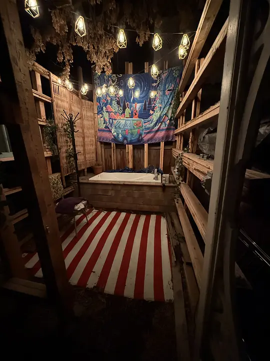 Cozy wooden outdoor space with hanging lights