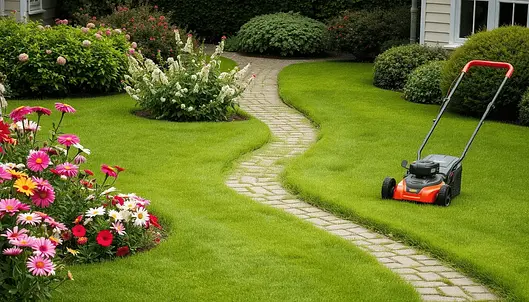 A lawn mower on a neatly cut green lawn with colorful flowerbeds and a winding stone path in a garden.