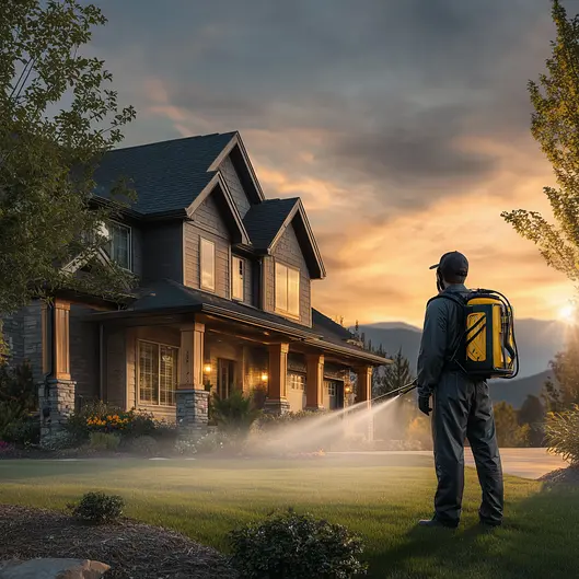 Person in protective gear sprays lawn at sunset in front of a house with warm lighting.