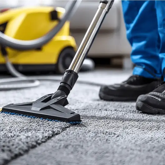 Person in blue pants using a vacuum cleaner on a gray carpet. Yellow vacuum unit in the background.