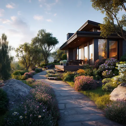 Modern house with large windows, surrounded by lush garden and stone path, under a clear blue sky.