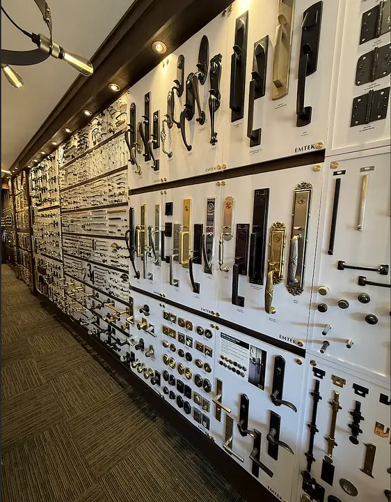 Complete door hardware suites displayed inside the Don’s showroom