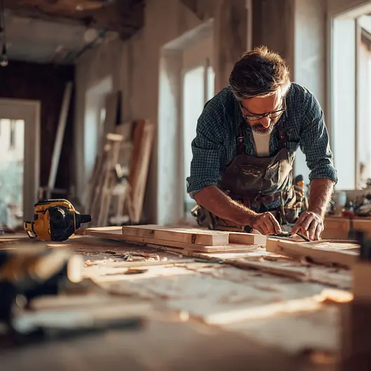 A woodworker in a workshop measures wooden planks on a table with tools around. Sunlight streams through a window.