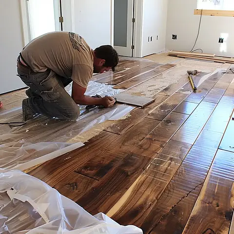 Person installing wooden flooring in a room, surrounded by tools and plastic sheeting.